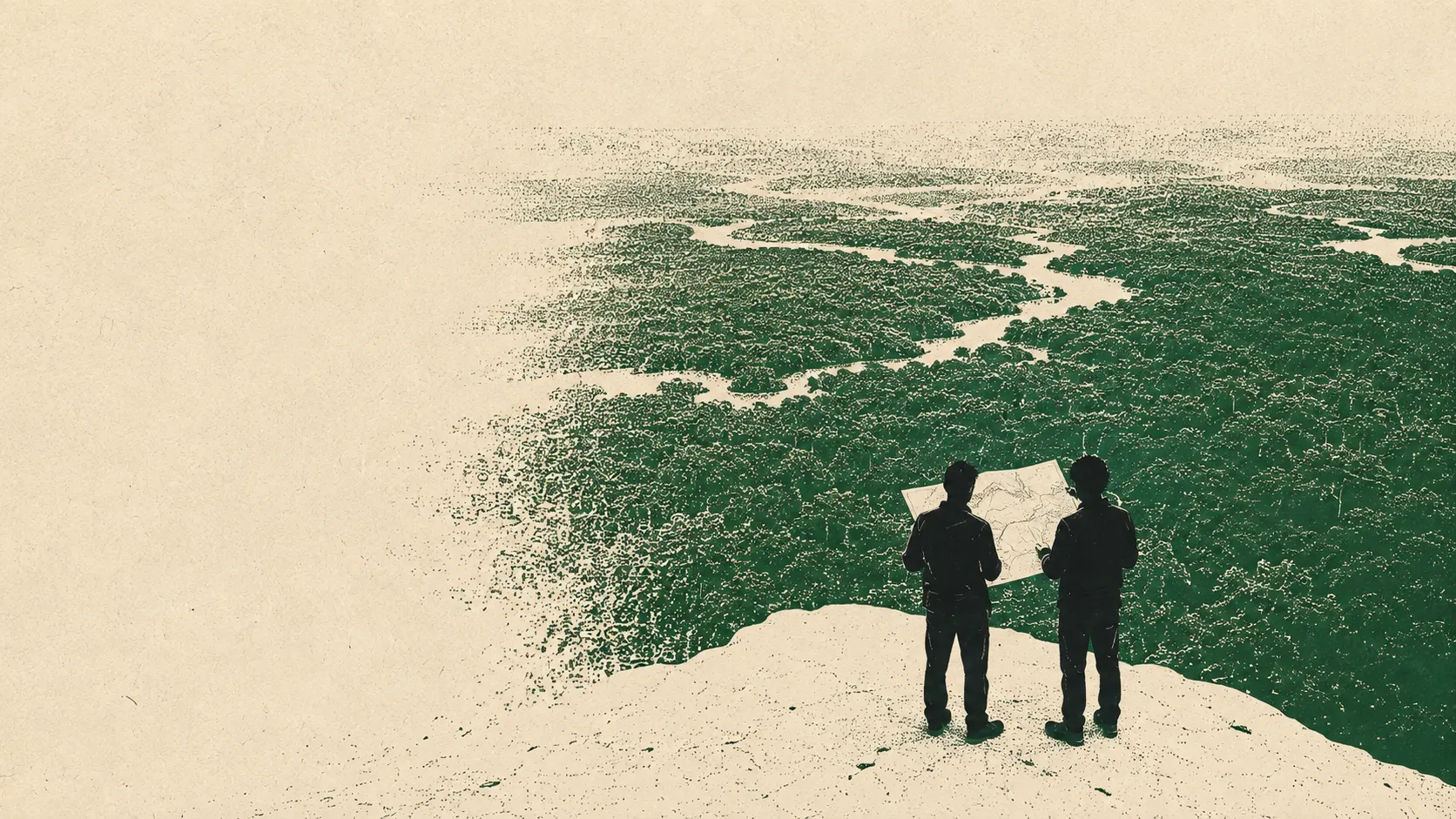Two figures standing on a ridge, reading a map over a river system in the valley below.