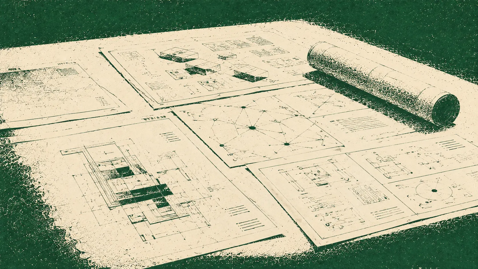 Technical drawings and floor plans laid out across a table, one sheet still rolled at the edge.