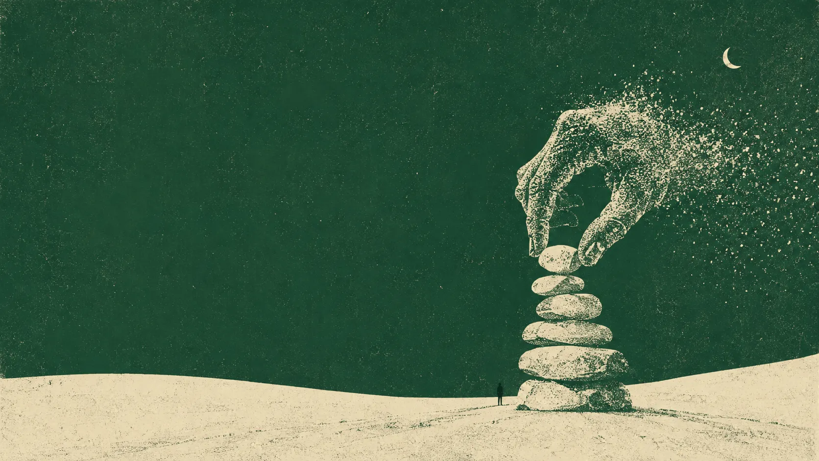 An enormous hand places the final stone on a cairn in an empty landscape, with a small figure standing at its base.